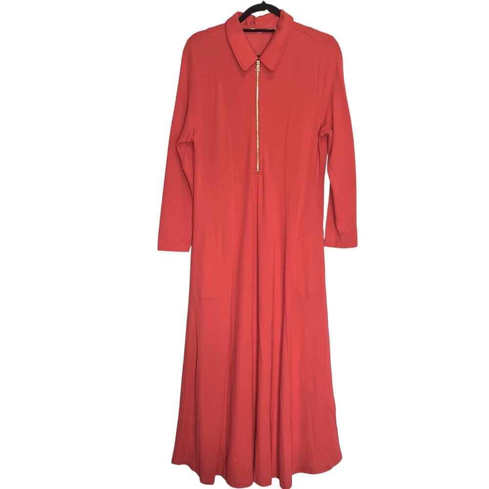 Soft Surroundings Maxi Dress Petite Size L Coral Pink Long Sleeve Pockets 3C889